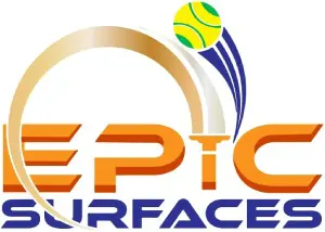 A logo of epic surfaces with tennis ball and racket.