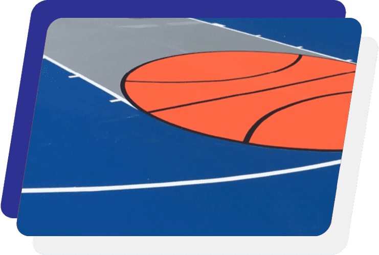 A basketball court with the ball in the middle of it.